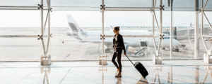 Frau auf Reisen mit Koffer mit Flugzeug im Hintergrund