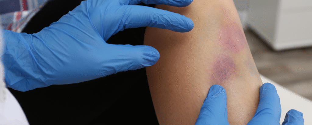 Hände in medizinischen Handschuhen untersuchen Prellung am Schienbein