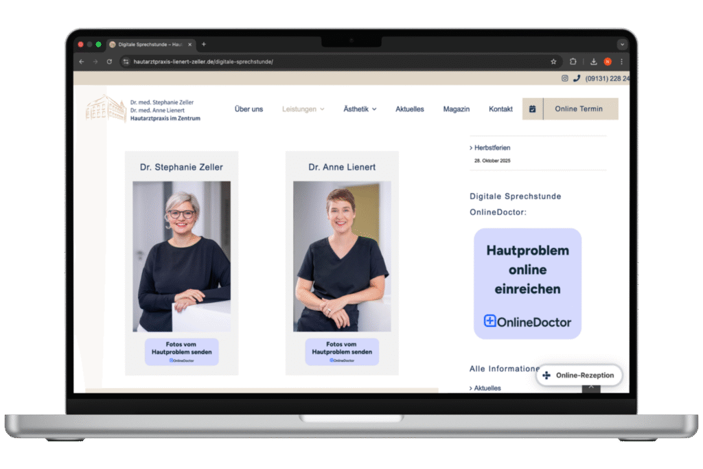 Mockup von Laptop mit Beispiel für OnlineDoctor Integration auf Website