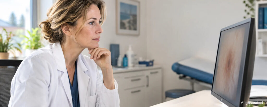 Dermatologin schaut sich Hautproblem am Computer an